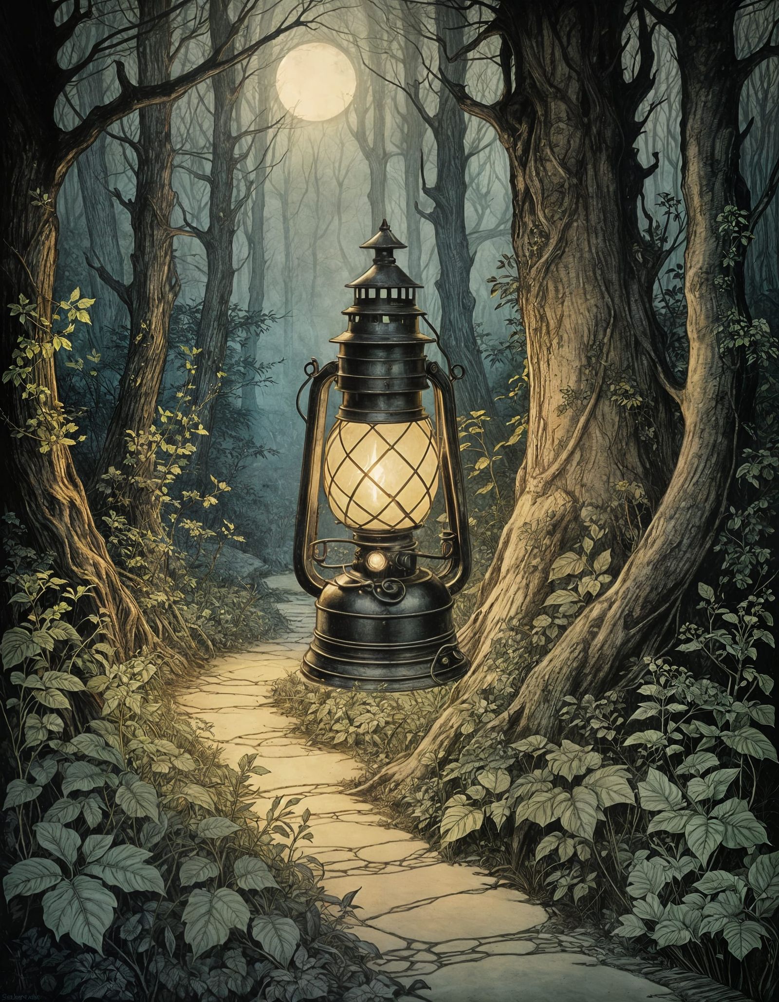 Ancient Lantern Illuminates Enchanted Forest Path