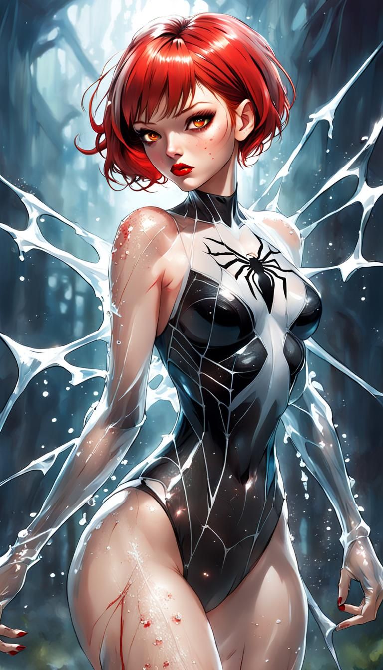 A beautiful alluring (unclad:1.5) Spider Girl, female, red s...