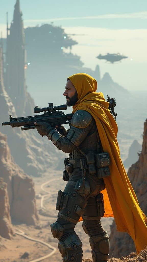 Cyberpunk Warrior Scans Futuristic City from High-Tech Outpo...