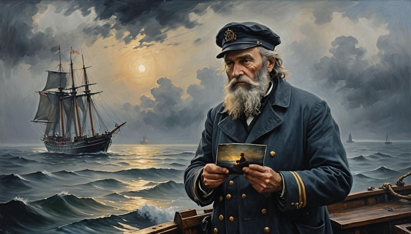Sea Captain with Photo, Oil Painting in Misty Landscape