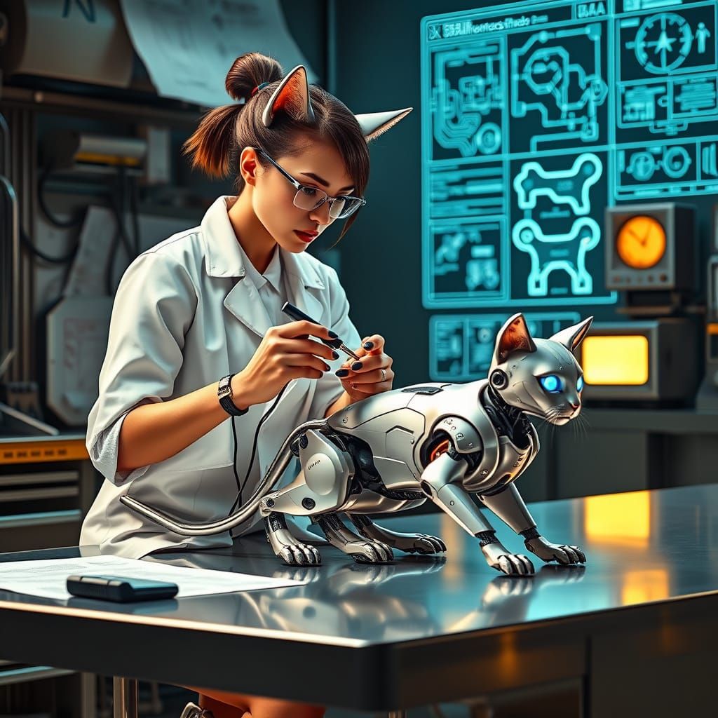 Cybernetic Feline Researcher in Advanced Lab Setting