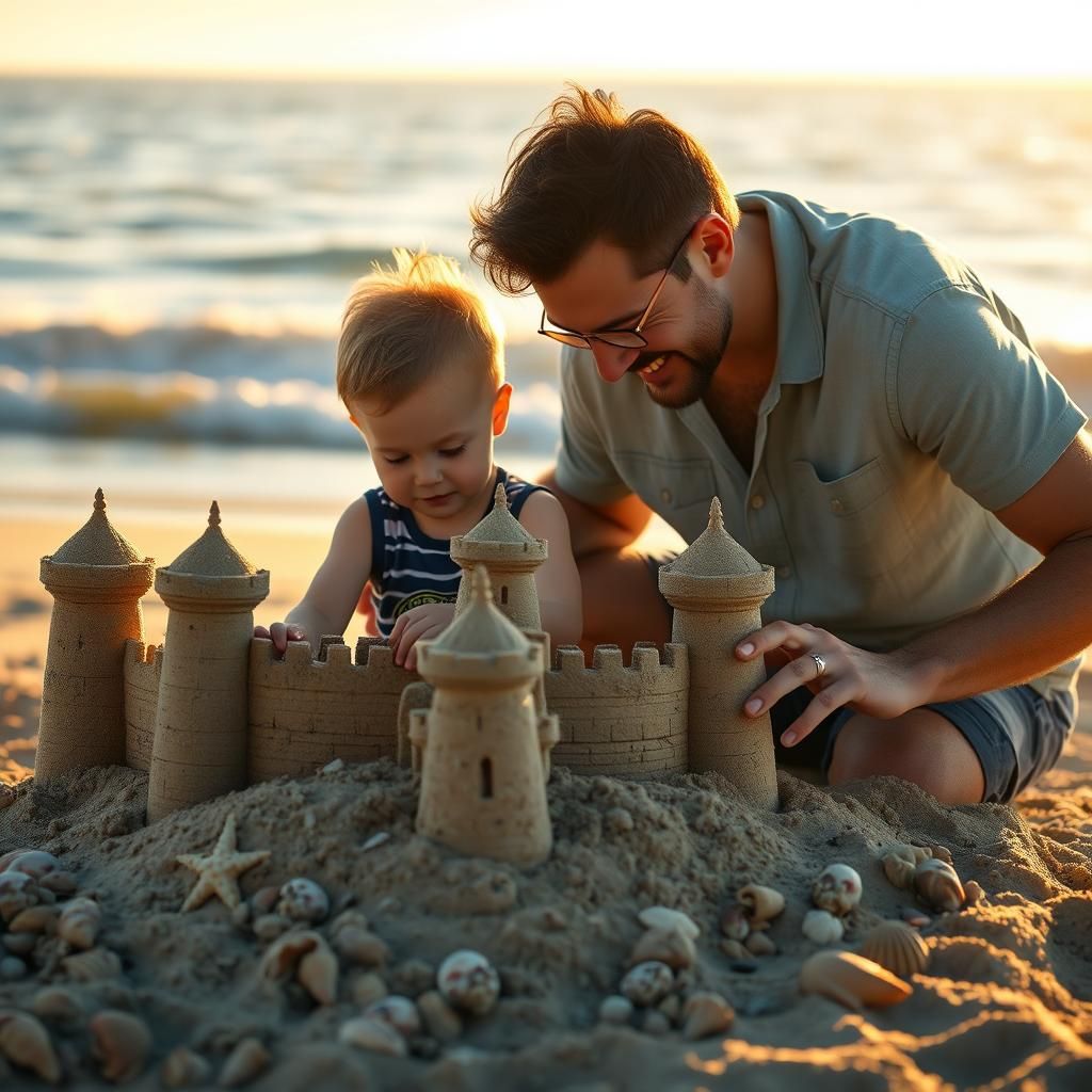 Father and Son Building Sandcastle at Sunset
