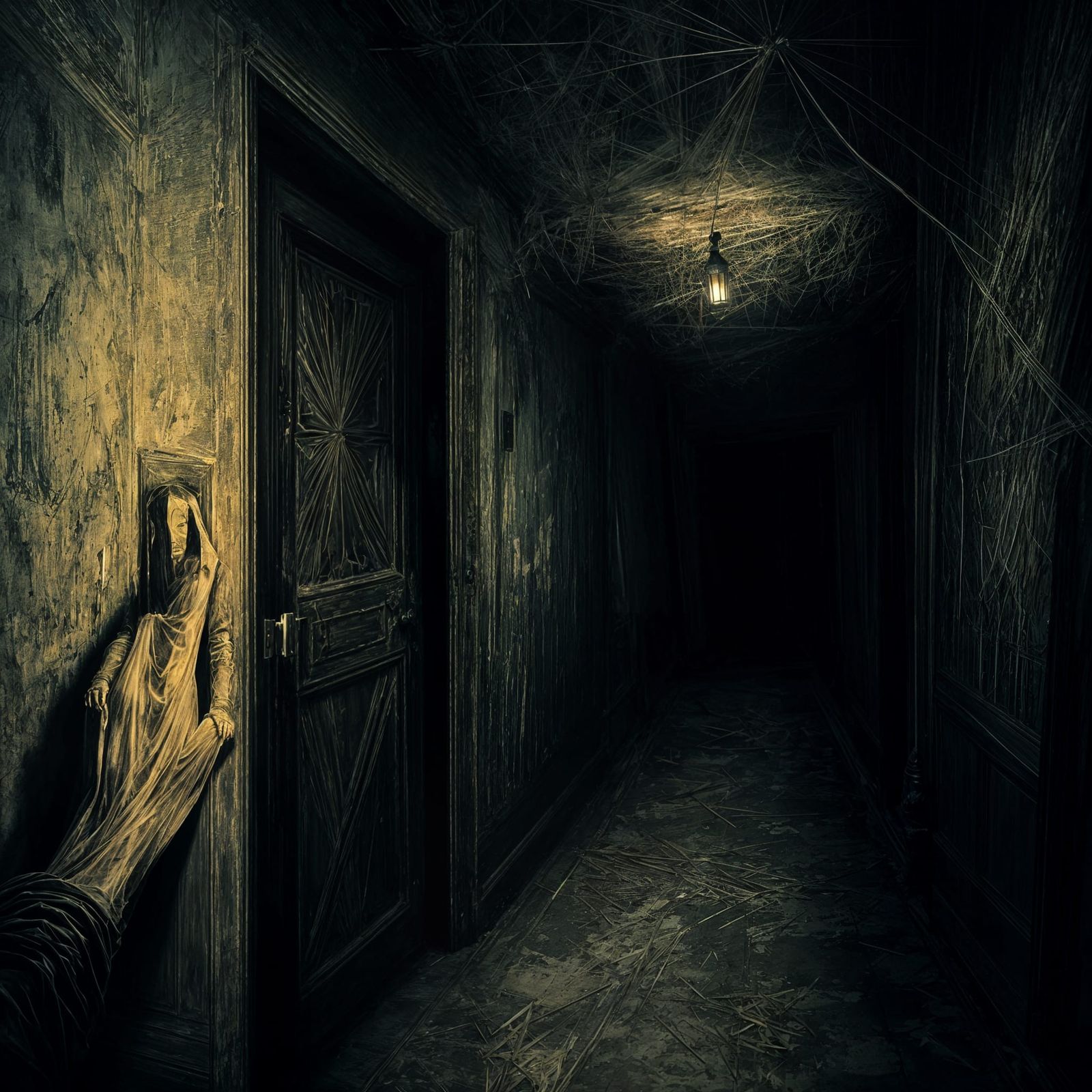 Surreal Threshold into a Creepy, Dimly Lit Corridor