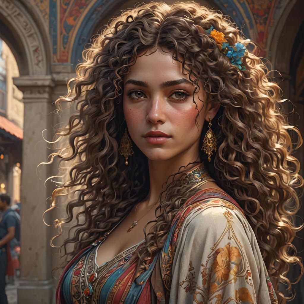 Gipsy Portrait with Curly Hair in Detailed Digital Art