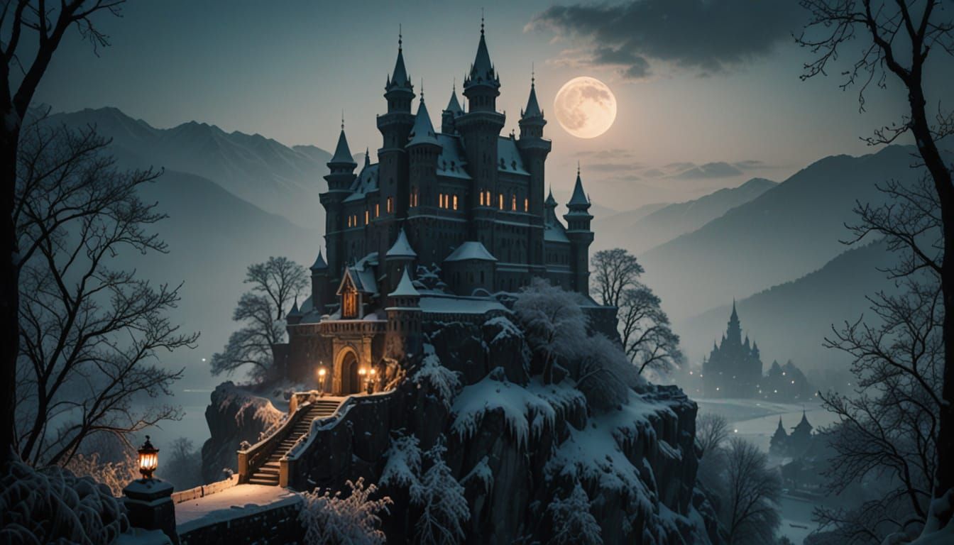 Ethereal Ice Palace at Dawn, Majestic Winter Landscape