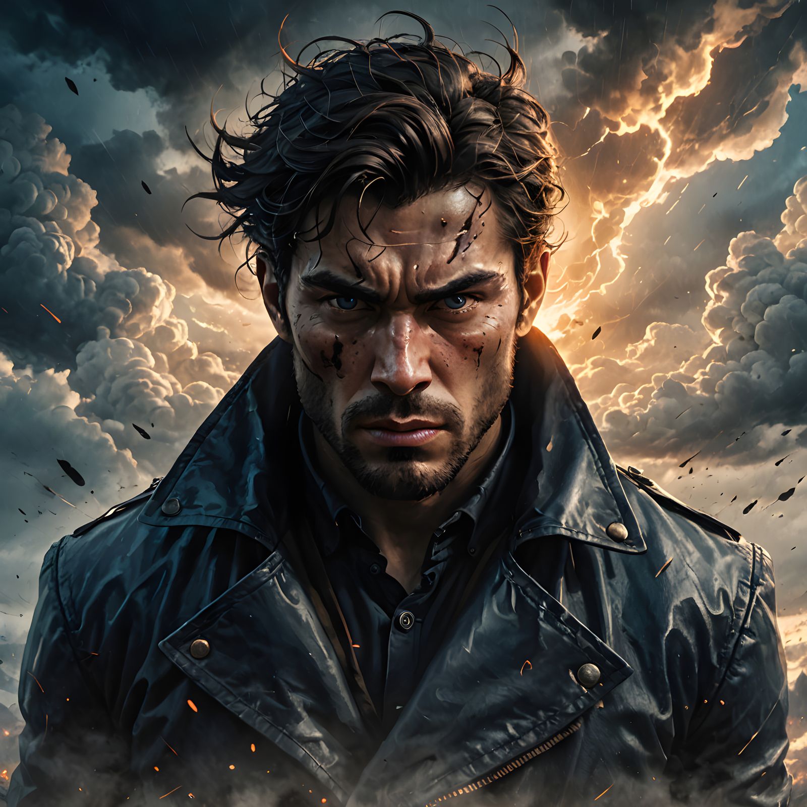 Handsome Warrior Stands Against Turbulent Stormy Skies