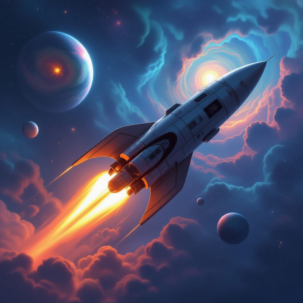 Futuristic Rocket Blasts Off in Sci-Fi Sky