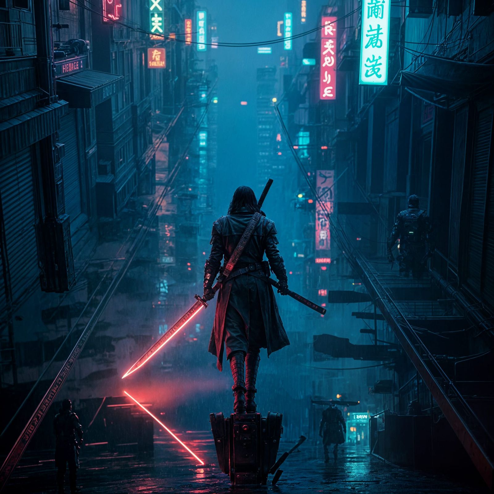 Cyberpunk Warrior with Glowing Katana in Neon Alley