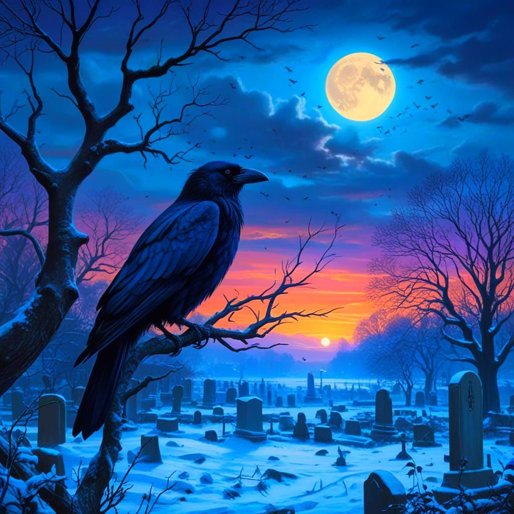 Gothic Crow on Enchanted Branch with Bioluminescent Snow