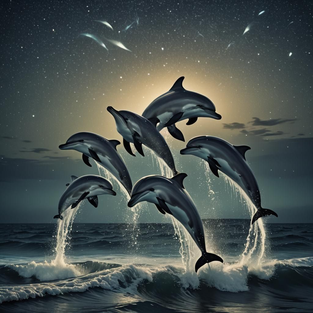 Bioluminescent Dolphins Leap Under Starry Sky: Cinematic Fil...