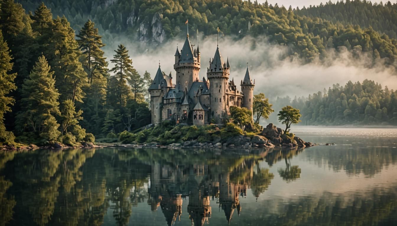 Elven Castle Island in Misty Lake: Landscape Photo