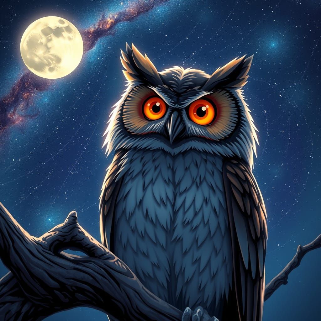 Wise Owl Gazes at Starry Night Sky