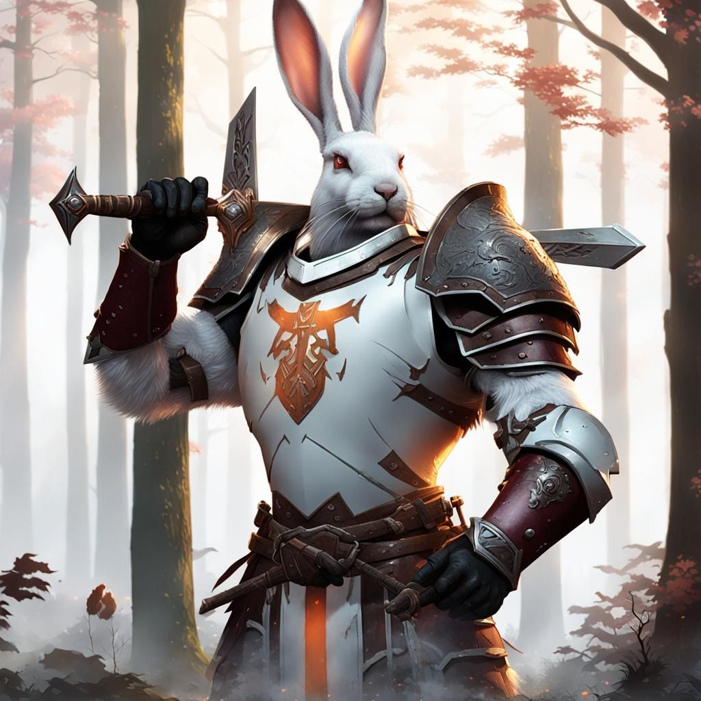 Rabbit Knight in Misty Forest, Dark Fantasy Art