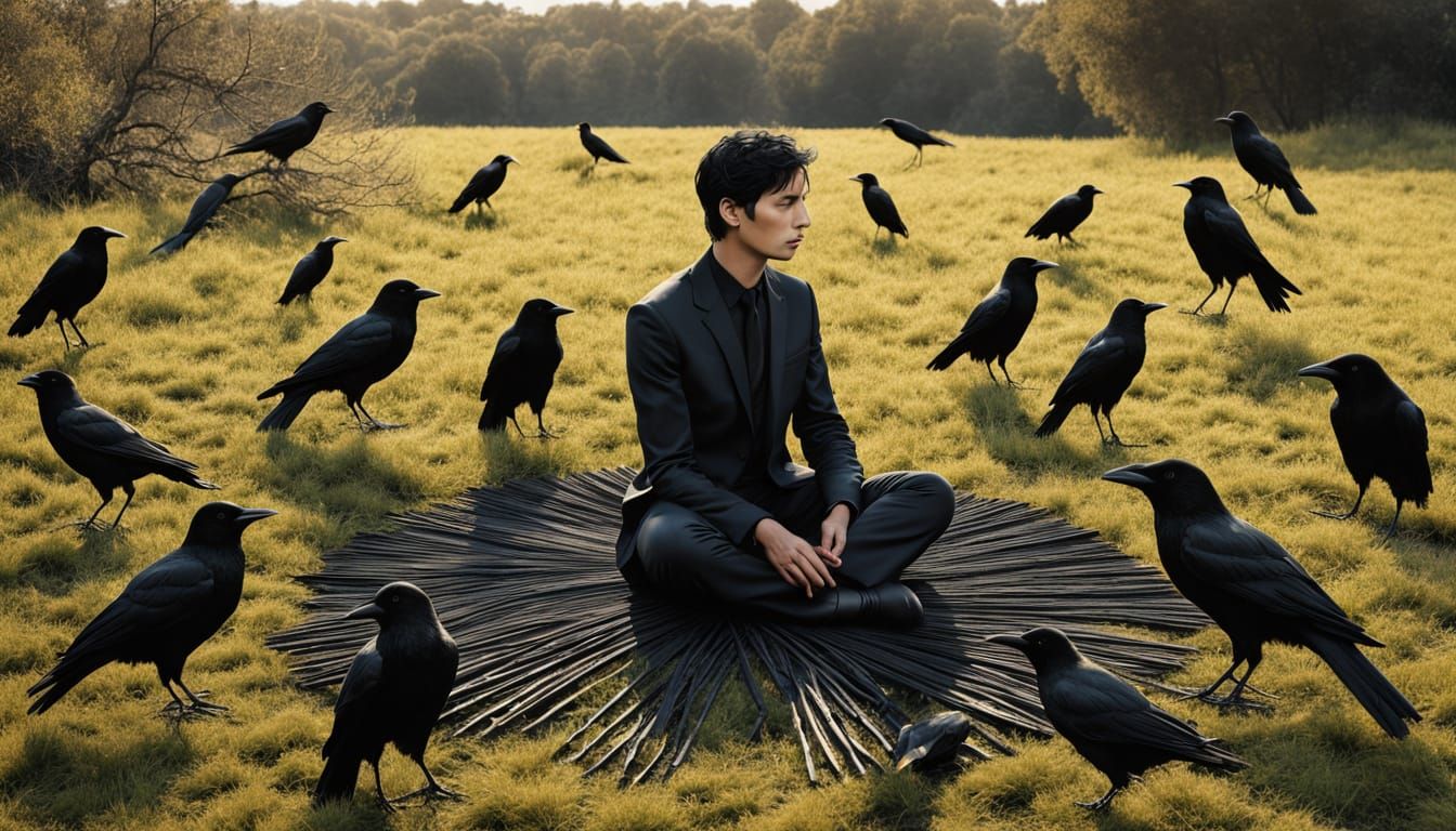 Man Kneels with Crows Gathering Music: Surreal Art