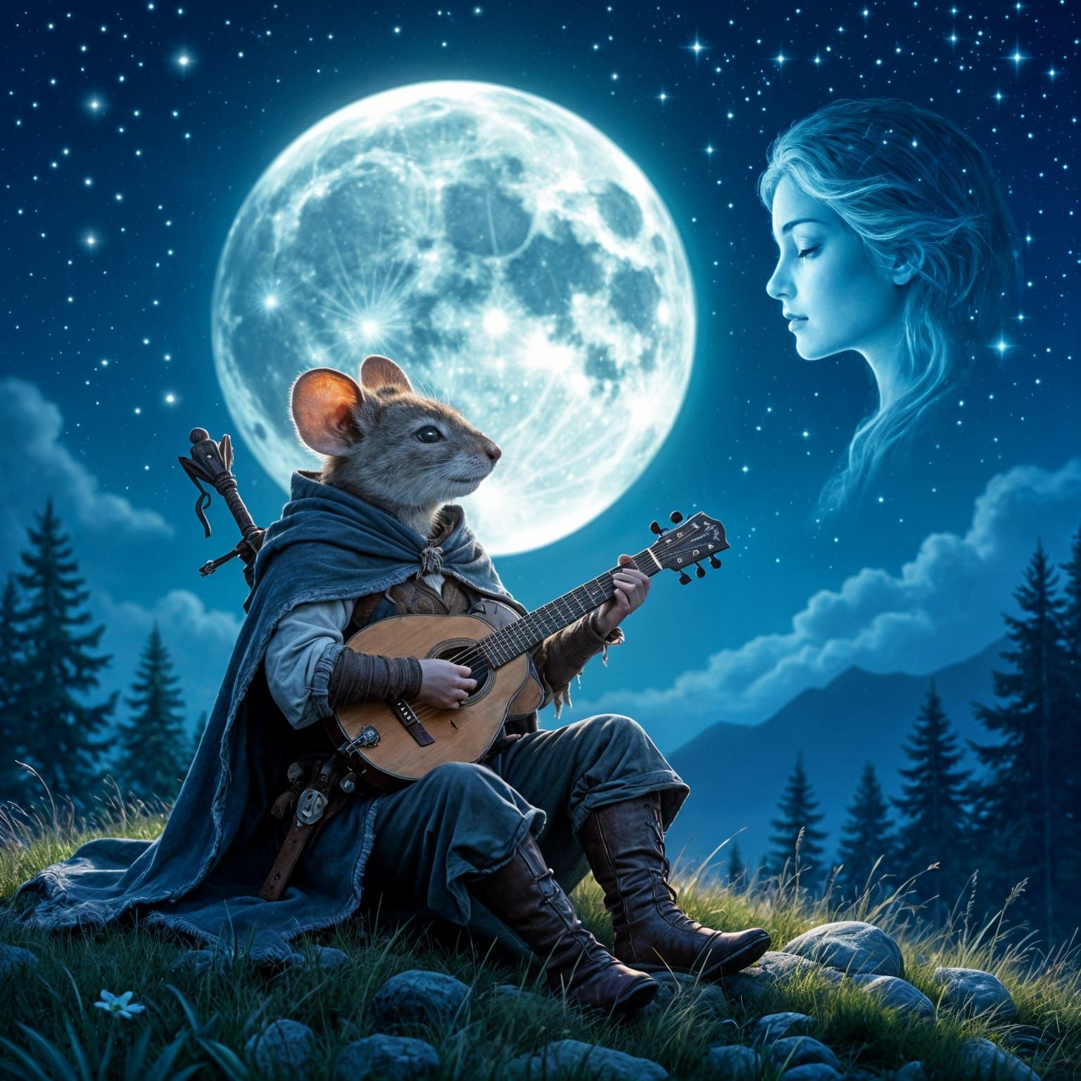 Anthropomorphic Mouse Bard Serenades Moonlit Face