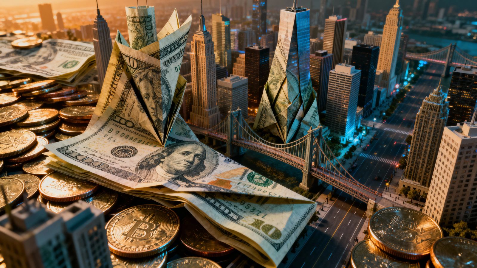 Money Cityscape: Coins and Bills Form Buildings