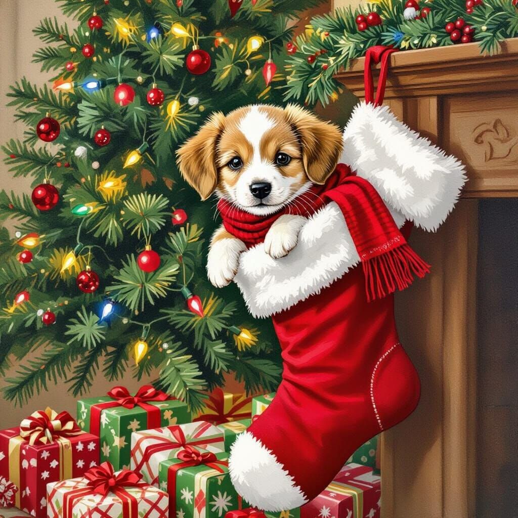 Festive Puppy Peeks Out of Christmas Stocking