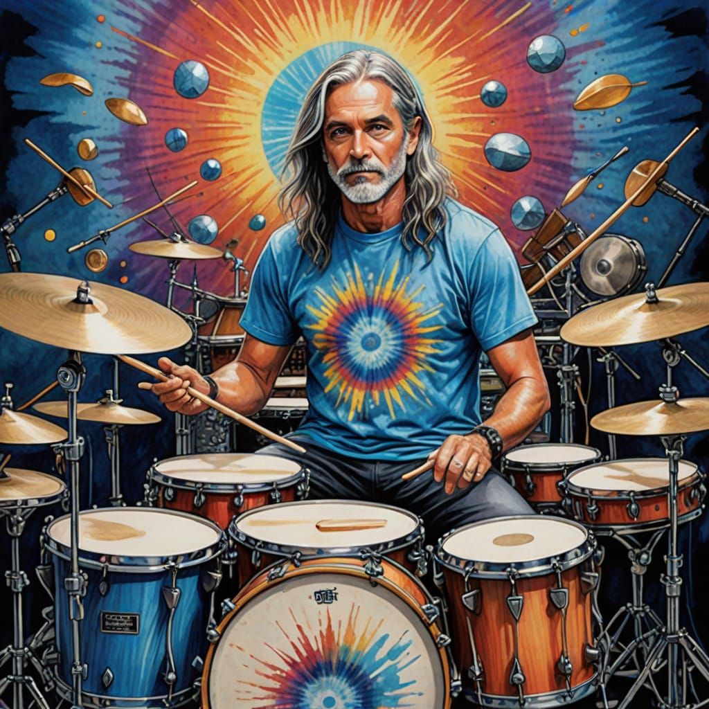 Detailed Colored Pencil Sketch of Drummer on Stage