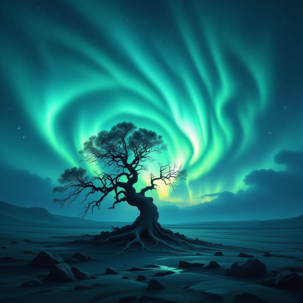 Ancient Tree Under Vibrant Aurora Borealis in Cosmic Horror ...