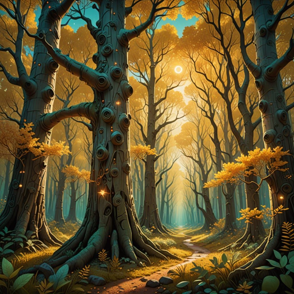 Surreal Aspen Tree Grove with Glowing Gold Leaves and Ethere...