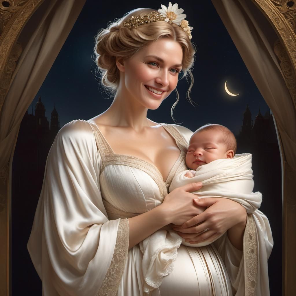 Mother and Newborn Son Portrait in Dreamy Moonlight
