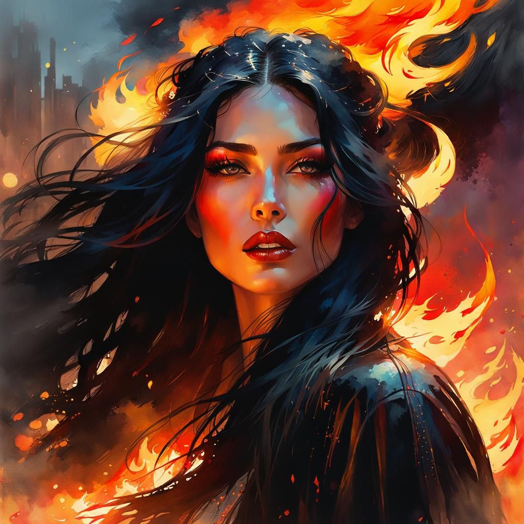 Fiery Girl Portrait in Watercolor Art Deco Style