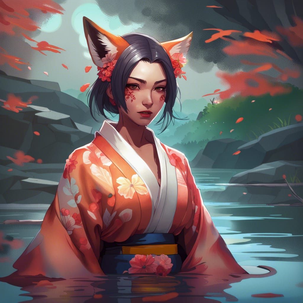 Fox Girl Portrait in Kimono, Hyperdetailed Art