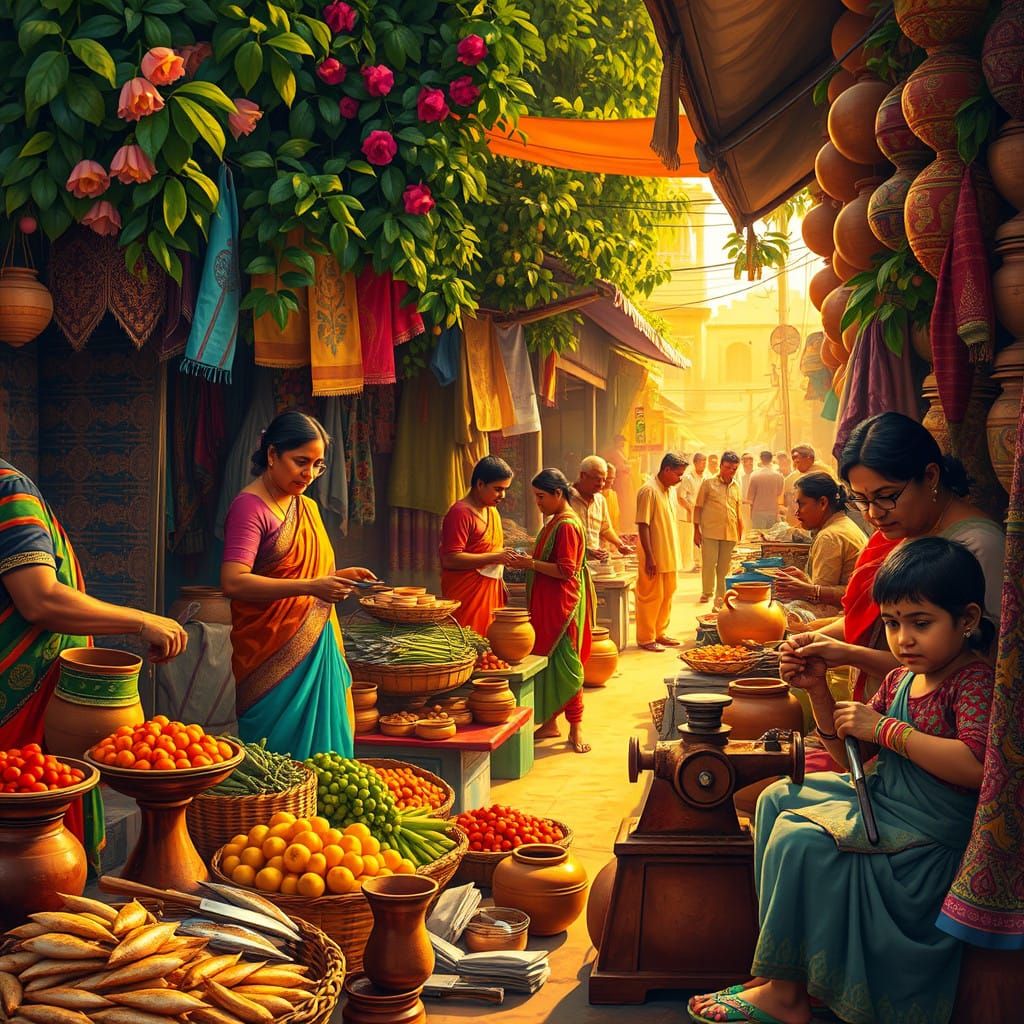 Vibrant Bangladeshi Bazaar in Warm Golden Light