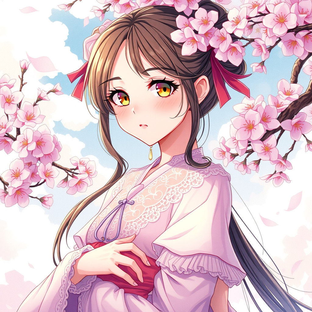 Anime Woman with Yellow Eyes in Japanese Garden