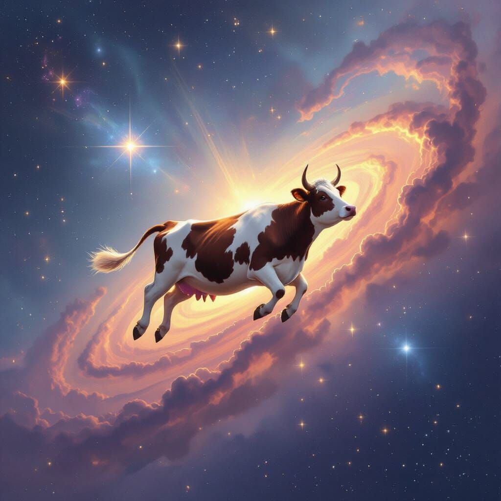 Cow Flying Through Cosmic Nebula in High Fantasy Style