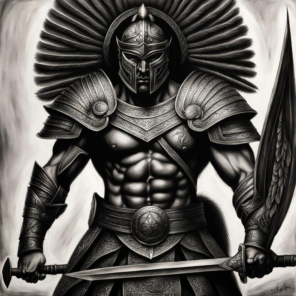 Hyperdetailed Charcoal Drawing of a Male Warrior