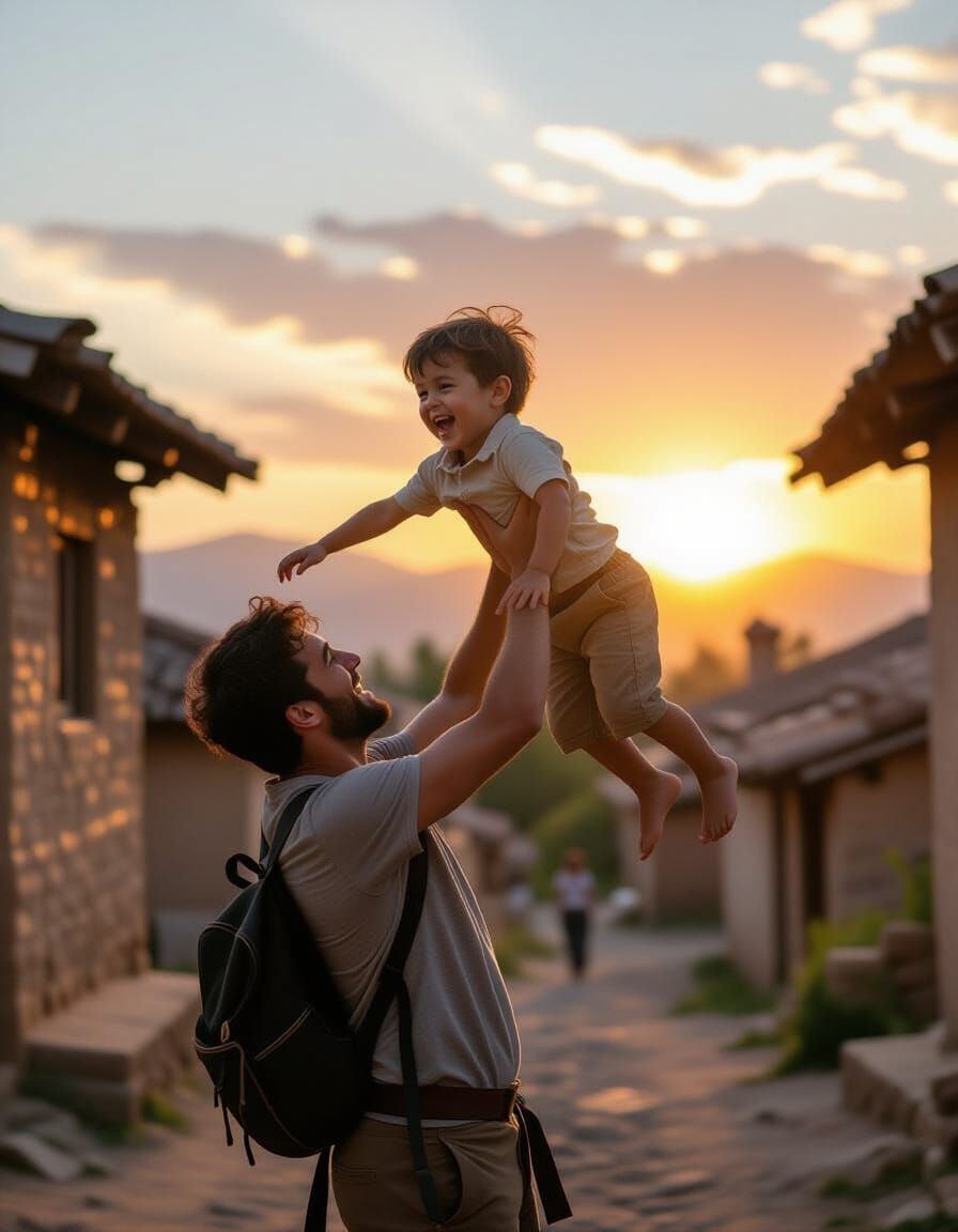 Father and Son Enjoying Sunset in Ancient Village