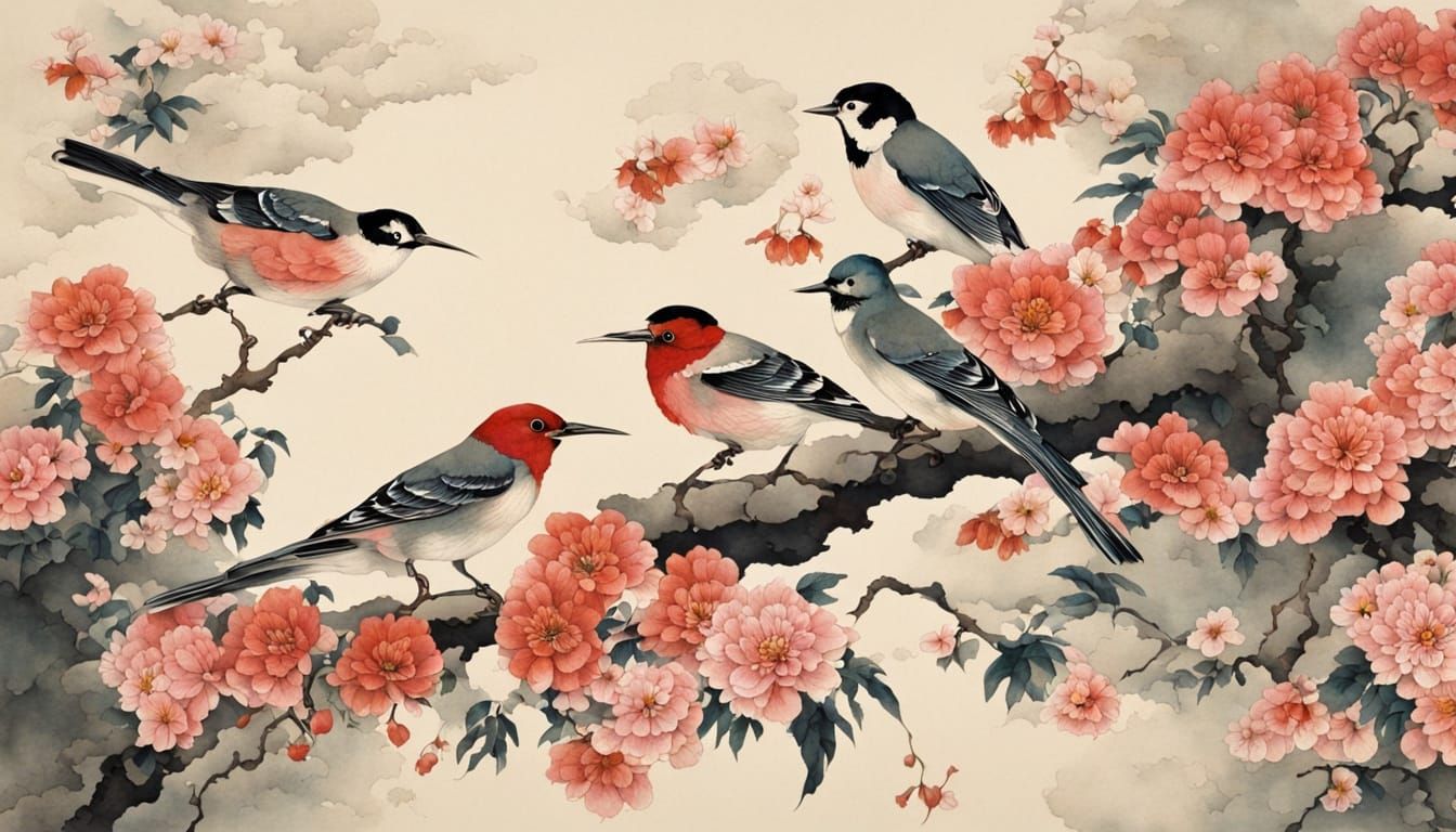 Birds and Flowers in Traditional Japanese Style