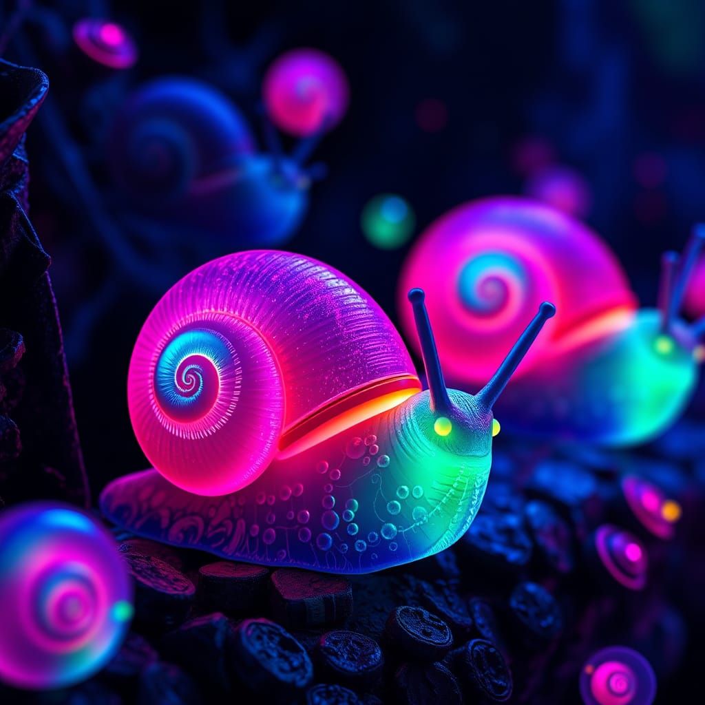 Iridescent Neon Snails in a Moonlit Forest