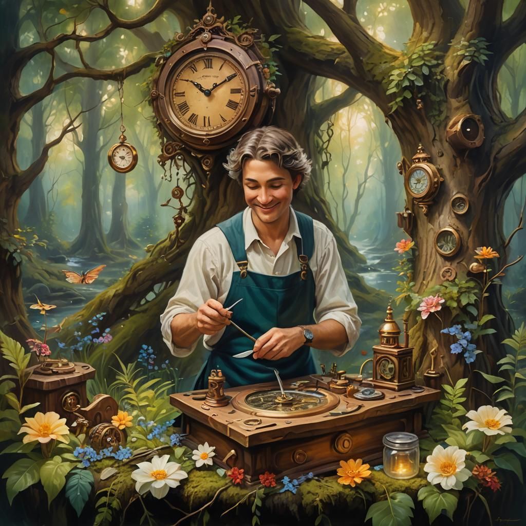 "A serene, ancient watchmaker repairs a grand clock crafted ...