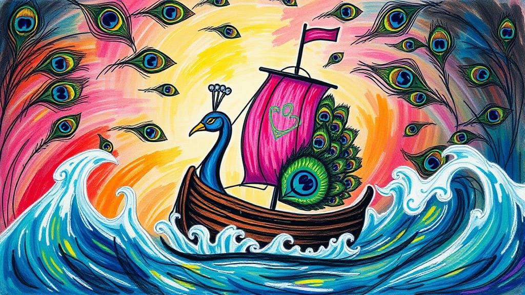 Surreal Sailing Ship in Whimsical Peacock Hurricane