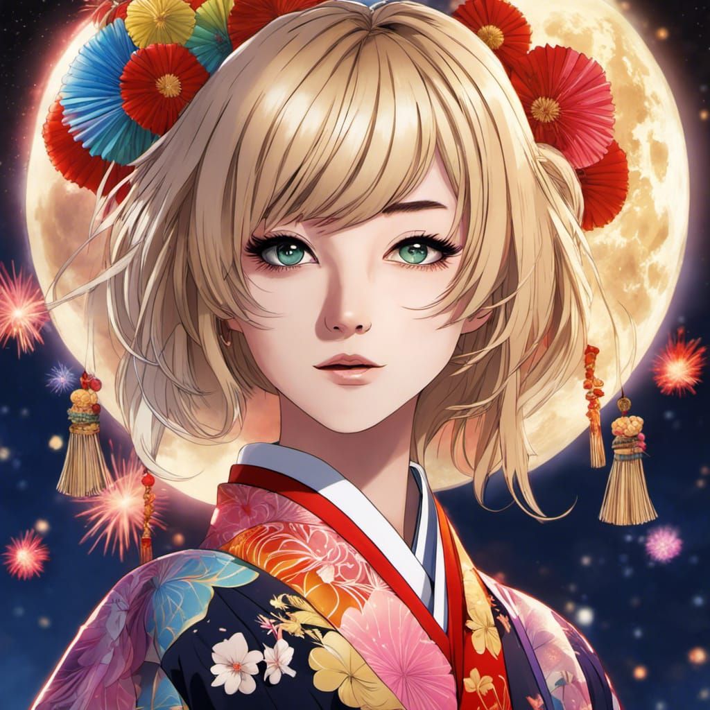 Anime Woman with Rainbow Eyes in Kimono