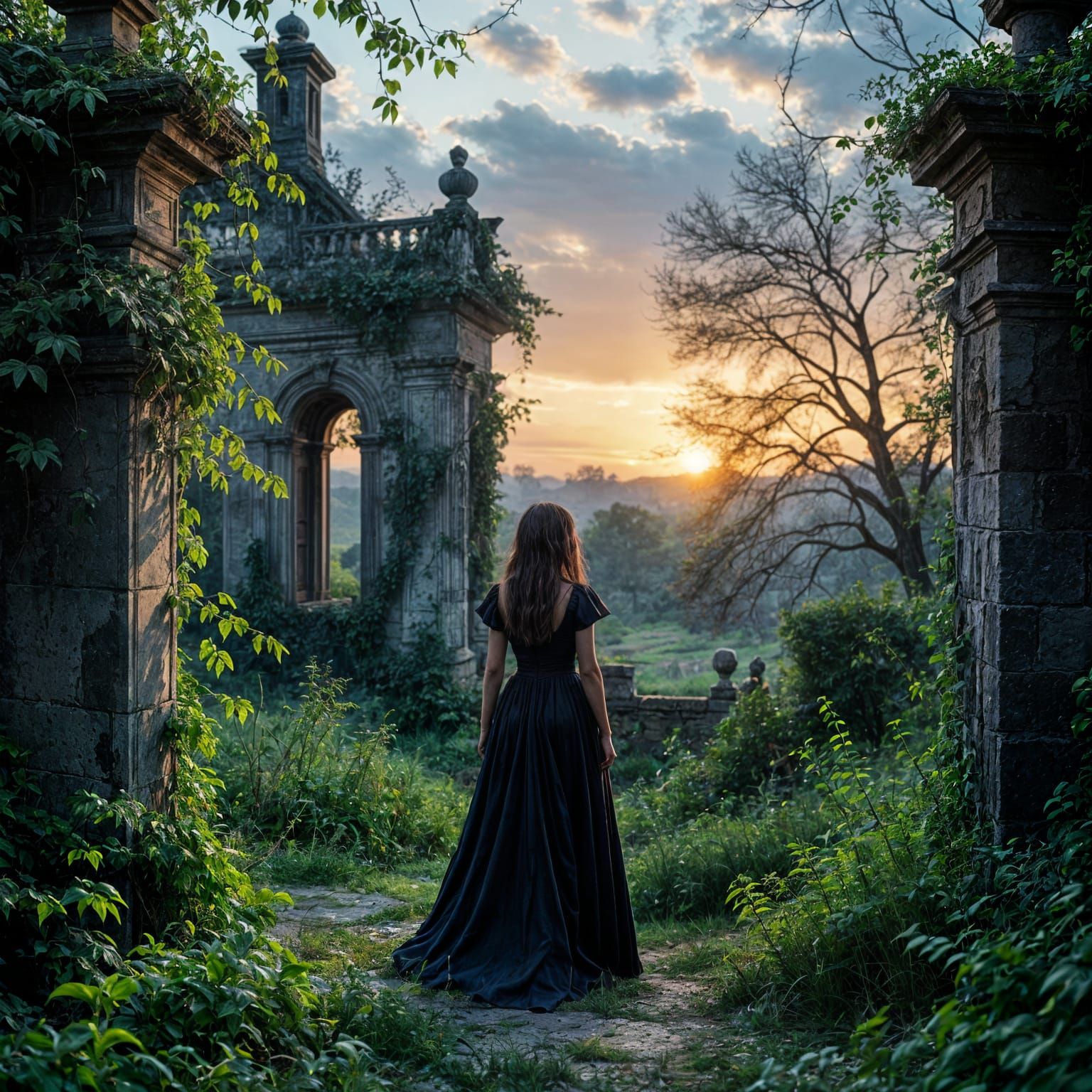 Mysterious Woman at Overgrown Estate at Sunset