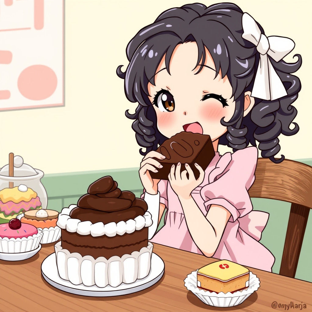Cute Anime Girl Savoring Chocolate Cake in Vibrant Pastel St...