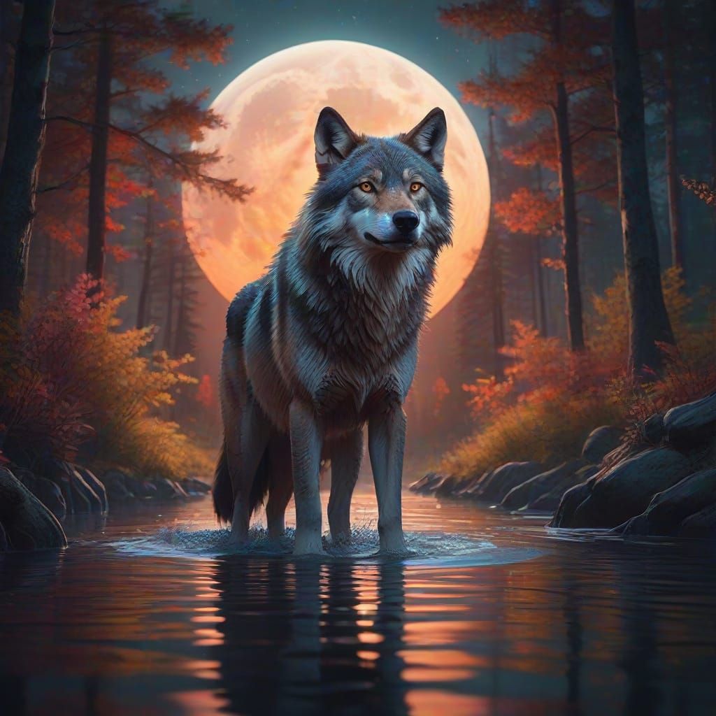 Wolf in Colorful Forest with Moon Reflection
