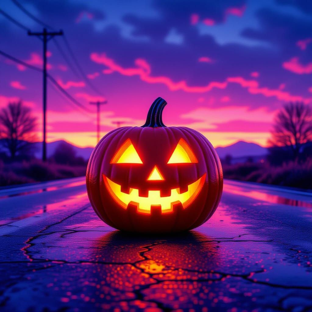 Glowing Synthwave Jack-o'-lantern at Neon Sunset