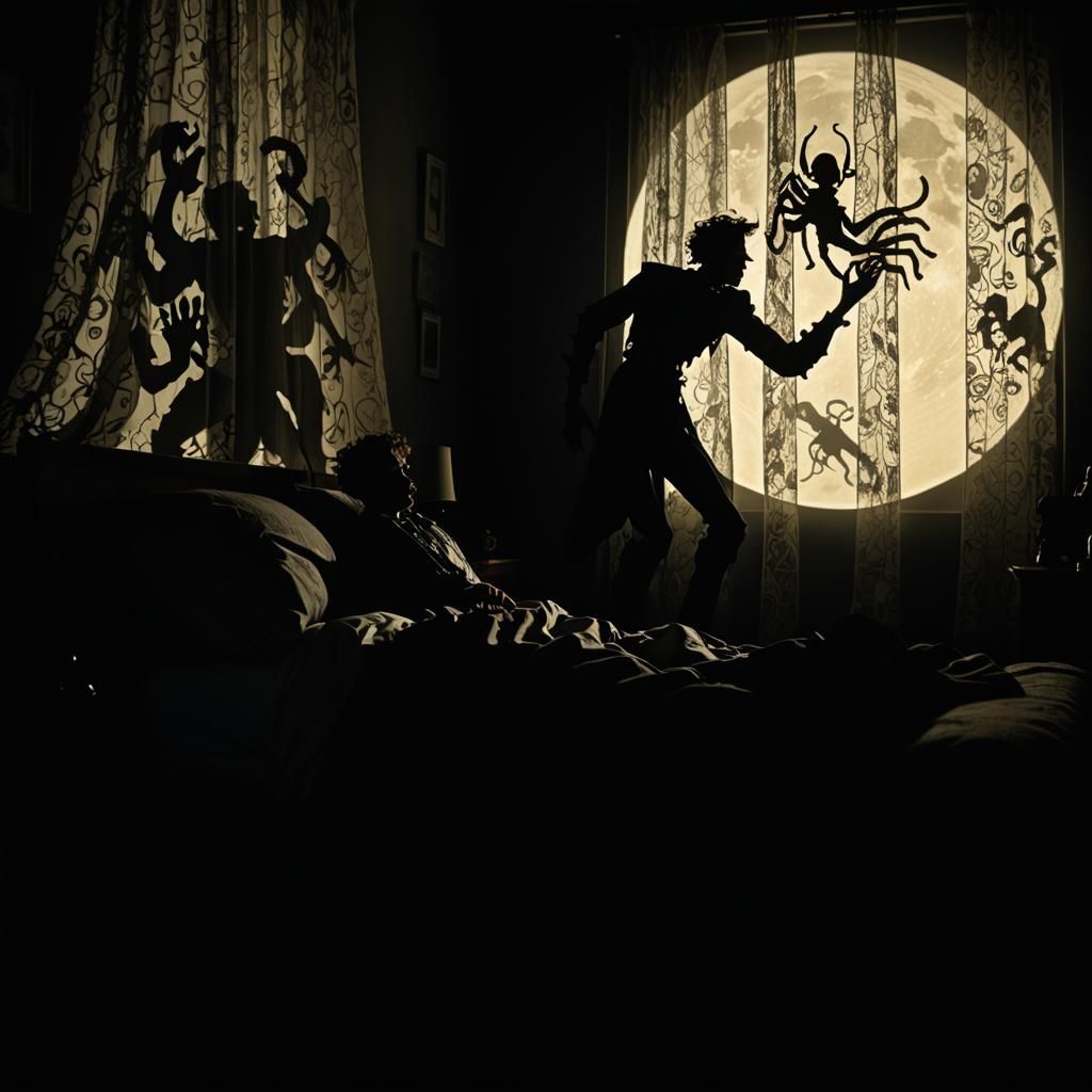 Eerie Shadow Puppet Show in Film Noir Style