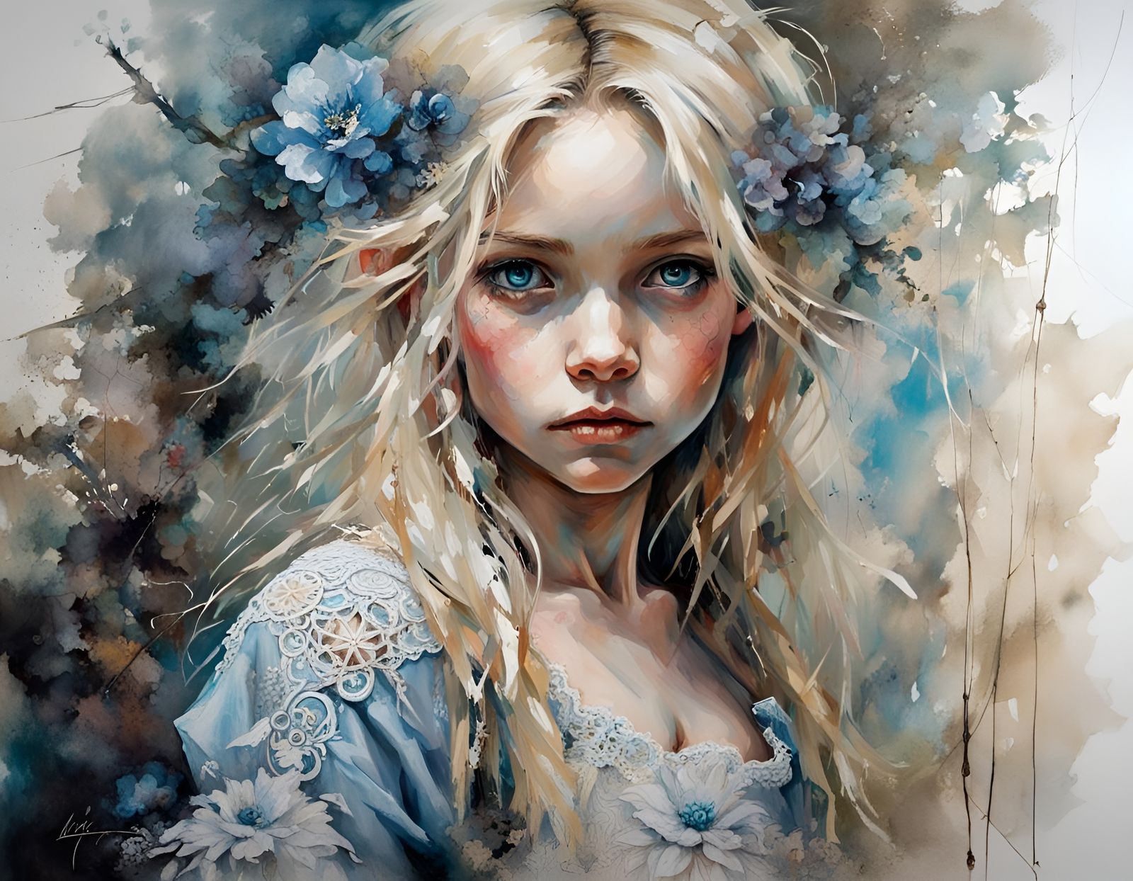 Blue-Eyed Girl in Lace Dress: Dark Fantasy Art