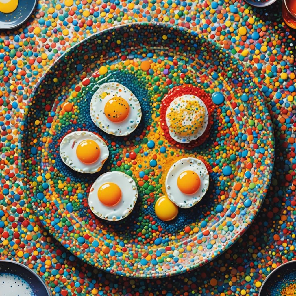Neopointillism, a vibrant and futuristic representation of a pointillist artwork, 2 fried eggs on a plate with small bri...