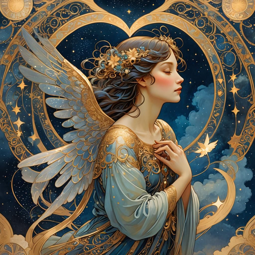 Ethereal Angel Whispers Secrets in Art Nouveau Style