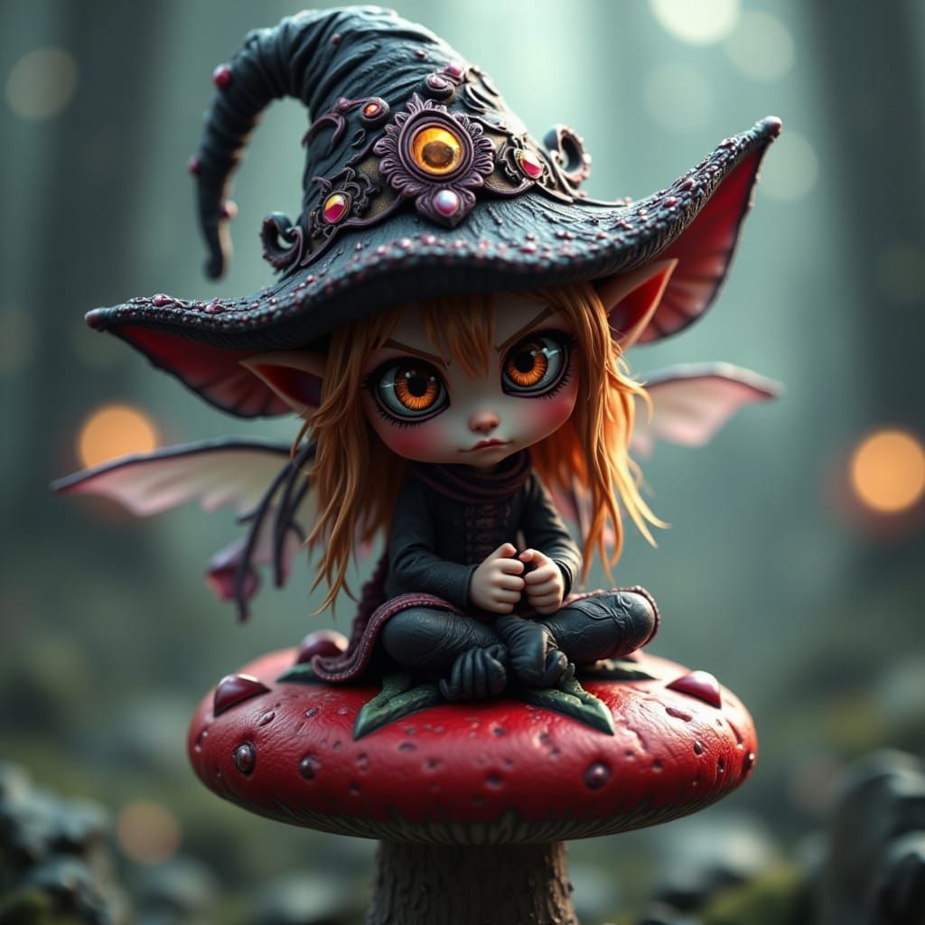 Chibi Evil Fairy Sits on a Wicked Toadstool with a Fierce Ex...