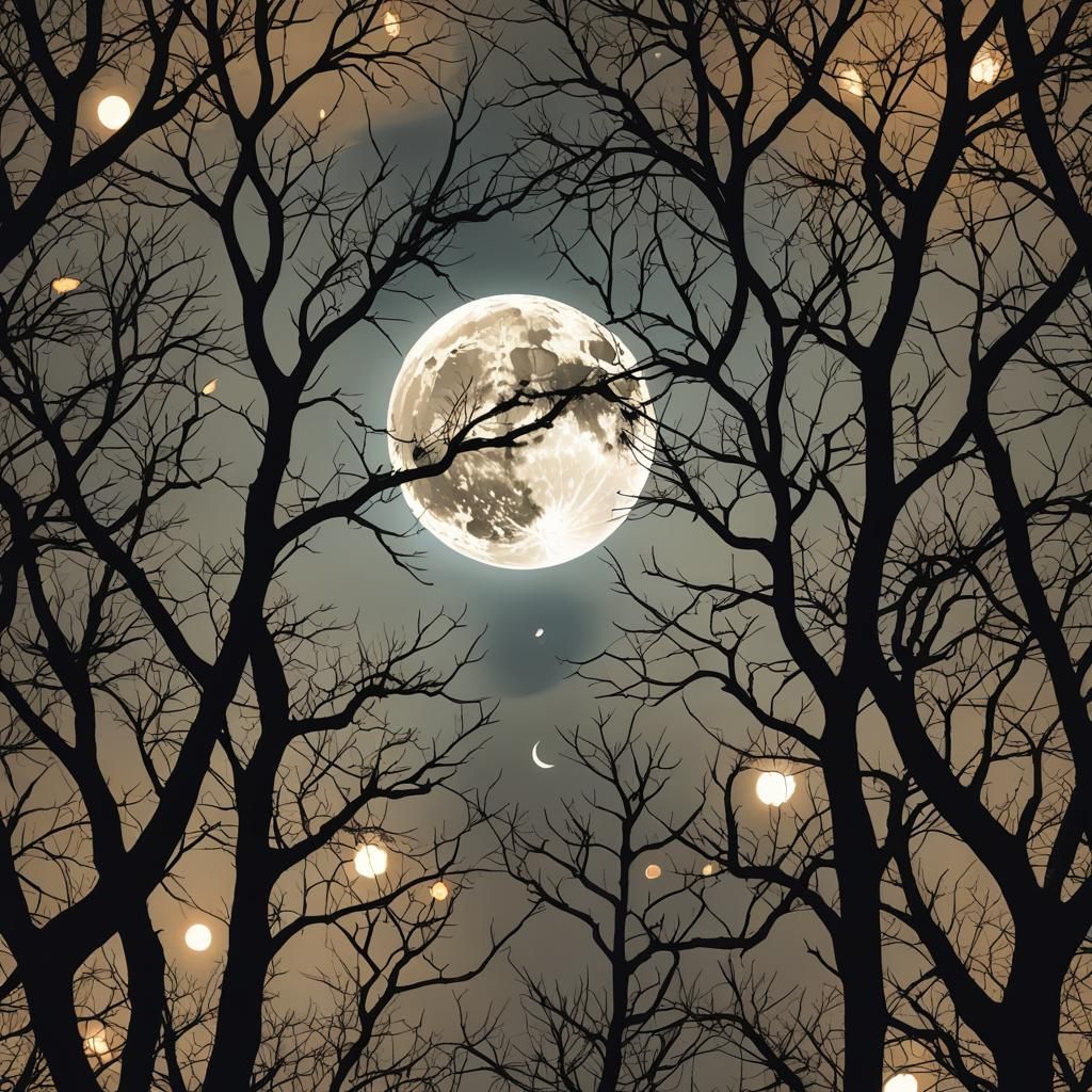 Mysterious Night Scene with Animal Eyes and Moon
