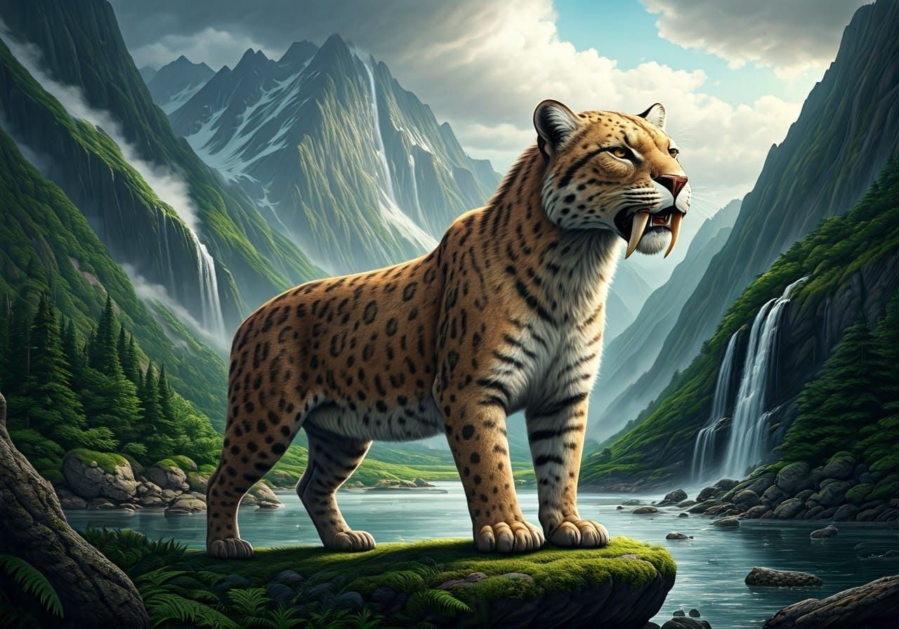 Saber-toothed Smilodon Roams Late Pleistocene Mountainscape...
