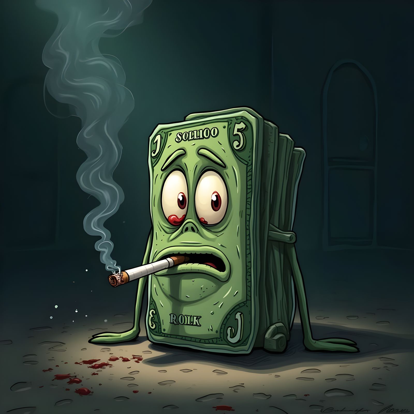 Weary Cartoon Dollar Bill Smokes in Gritty Room