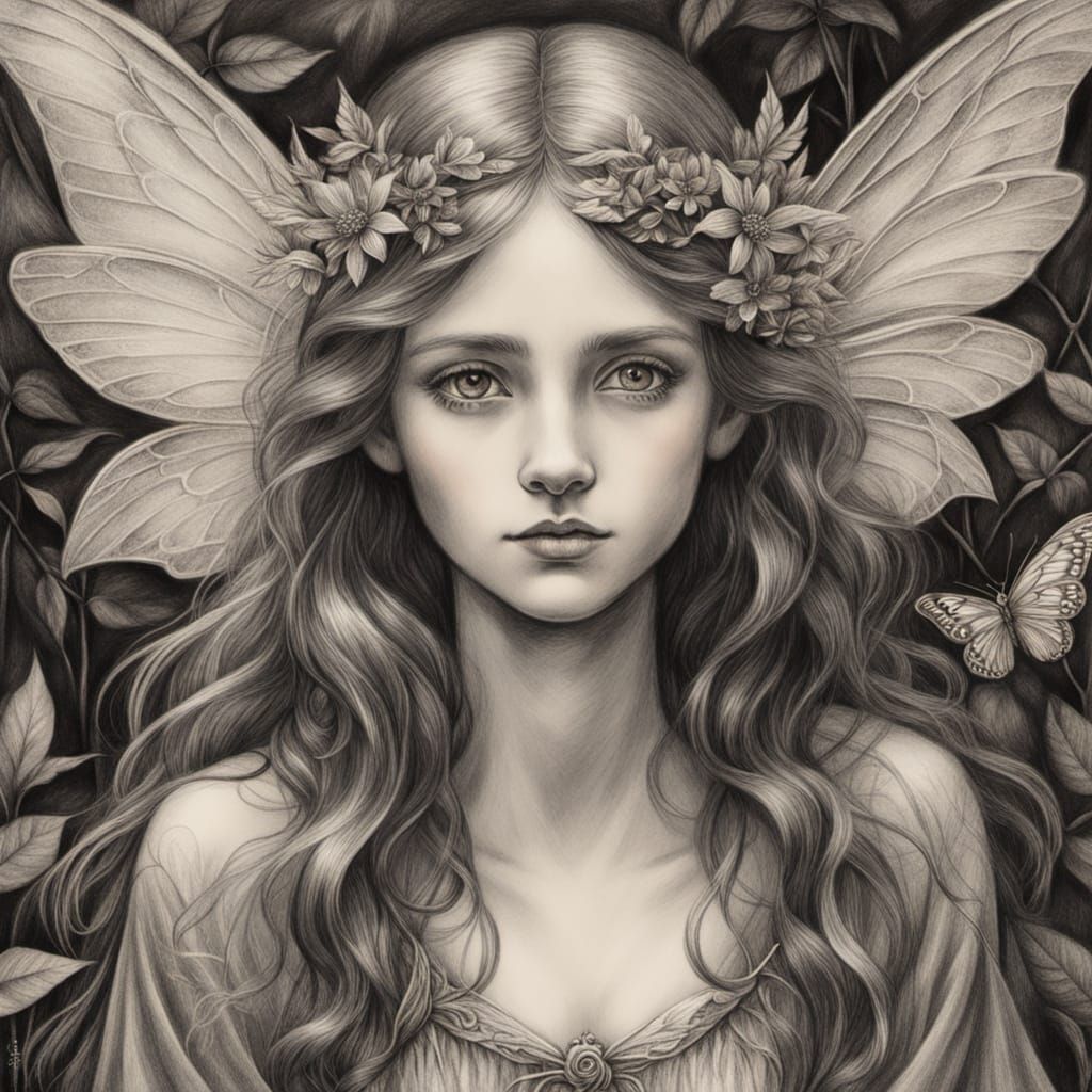 Mystical Fairy Woman in Pre-Raphaelite Charcoal Drawing